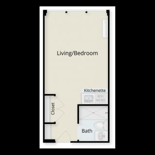 A floor plan of a studio apartment featuring a combined living and bedroom area, kitchenette, closet, and bathroom.