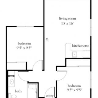 A floor plan showing the layout of an apartment with bedrooms, living room, kitchen area, and bathroom.