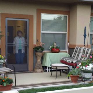 A cozy porch with potted plants and comfortable seating, inviting relaxation.