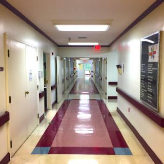 A well-lit hallway in a hospital, featuring doors and medical signage.