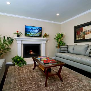 A modern living room featuring a cozy fireplace, stylish sofas, and a wall-mounted television.