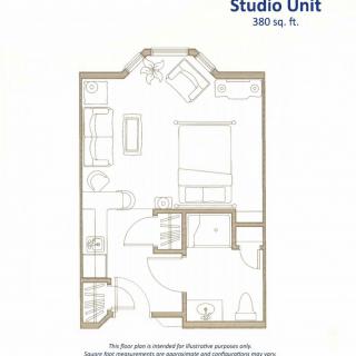 Floor plan of a 380 sq. ft. studio unit.