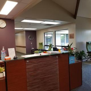 A welcoming reception area featuring modern furnishings and greenery.