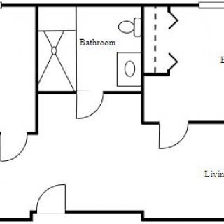 Simple floor plan of an apartment showing a bathroom, bedroom, and living room.