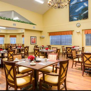 A well-lit dining room with neatly arranged tables and chairs, featuring a chandelier and decorative plants.
