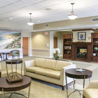 A modern lobby area with comfortable seating and elegant decor.