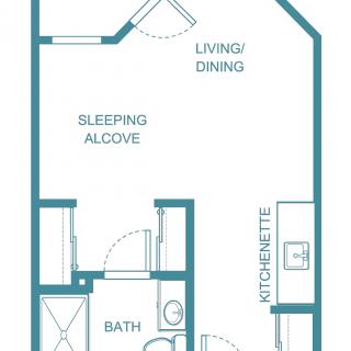 A floor plan of a studio apartment featuring a living/dining area, sleeping alcove, bathroom, and kitchenette.