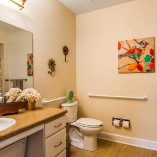 A neatly arranged bathroom with a sink, toilet, and decorative elements.