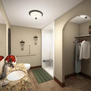 A stylishly designed bathroom featuring a spacious layout with modern fixtures and elegant decor.