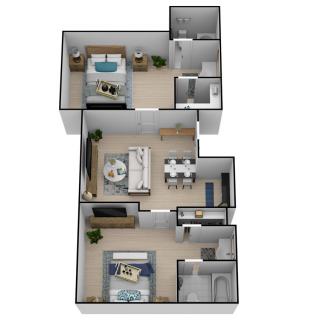 A detailed 3D floor plan of an apartment showcasing the layout and furniture arrangement within the living space.
