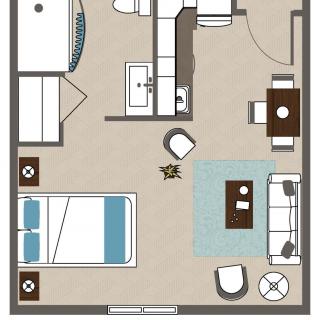 A floor plan of a studio apartment featuring a combined living and sleeping area, kitchenette, and bathroom.