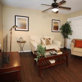 A cozy living room with a modern design featuring a comfortable sofa, coffee table, and tasteful decor.