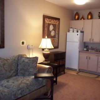 A cozy living room with a small kitchen area, featuring a sofa, lamp, and refrigerator.