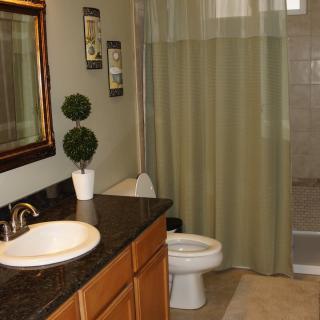 A well-decorated bathroom with a sink, toilet, and shower curtain.