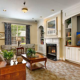 A cozy living room with a fireplace, elegant decor, and natural light.