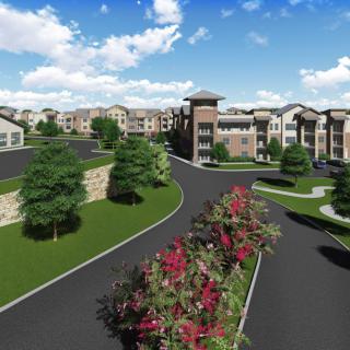 A 3D architectural rendering of a modern residential complex surrounded by landscaped greenery and flowers.
