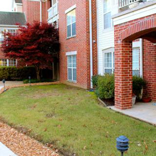 A well-maintained residential area featuring a brick apartment building and neatly trimmed landscaping.