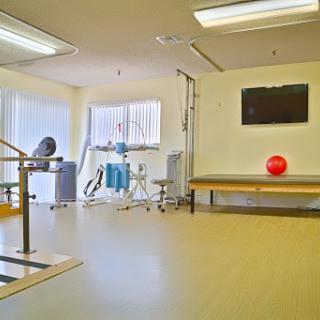 A well-equipped physical therapy room featuring a treatment area, exercise equipment, and a bright ambiance.