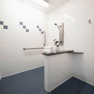 An accessible bathroom with a shower, equipped with handrails and modern tile design.