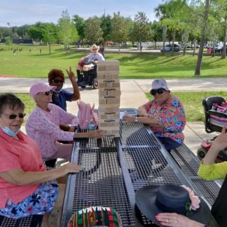 A group of elderly women enjoying a game of Jenga at a park picnic table on a sunny day.
