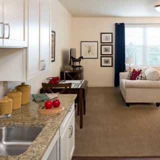 A modern open floor plan showcasing a kitchen and living room with stylish furniture and decor.