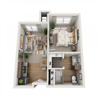 A 3D rendering of a cozy one-bedroom apartment floor plan showcasing the living room, kitchen, bedroom, and bathroom.