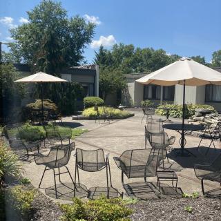 A sunny outdoor patio area with chairs and umbrellas, set in a landscaped garden.