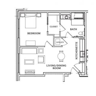 A floor plan of a one-bedroom apartment with a living room, kitchenette, bathroom, and closet.