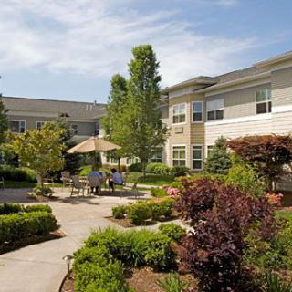 A scenic garden courtyard with outdoor seating surrounded by lush greenery and a modern building.