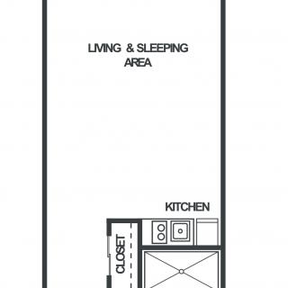 A floor plan of a studio apartment with a living and sleeping area, kitchen, and closet.