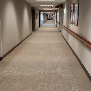 A long, carpeted hallway inside a building with handrails on the walls.