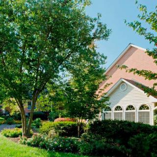 A suburban house surrounded by lush trees and well-maintained landscaping.