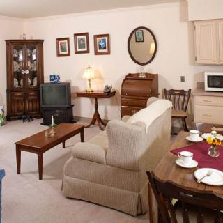 A vintage-style living room with a sofa, TV, coffee table, and dining area.