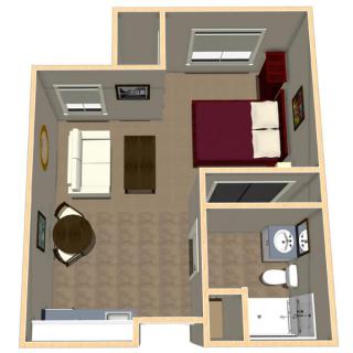 A 3D floor plan of a one-bedroom apartment with furniture placement.