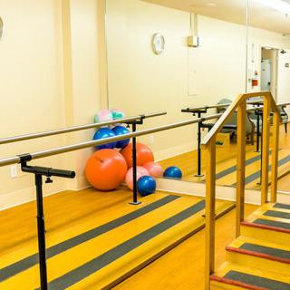 A physical therapy room with parallel bars and exercise balls.