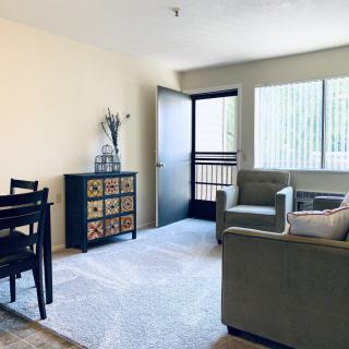 A modern apartment living room with a cozy seating area and ample natural light.