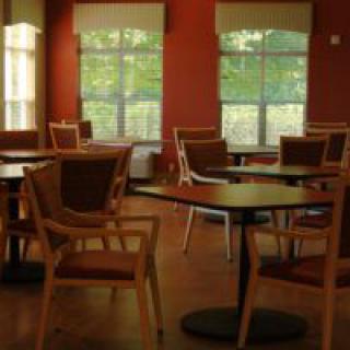 An empty cafe with wooden chairs and tables, illuminated by natural light from large windows.
