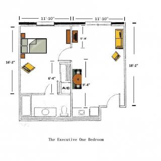 A floor plan of a single-bedroom apartment showing the layout of rooms and furniture.