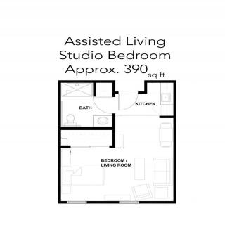 Floor plan of an assisted living studio apartment measuring approximately 390 square feet.