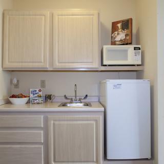 A compact kitchen setup with a microwave, small refrigerator, sink, and cabinets.