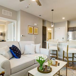 A stylish and modern living room featuring a cozy sofa, decorative accents, and an open kitchen layout.