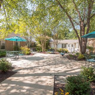 A serene courtyard with tables, chairs, and umbrellas nestled among trees and greenery.