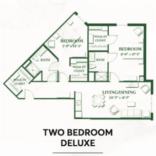 A layout of a two-bedroom deluxe apartment floor plan.
