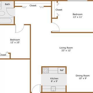 A floor plan of a two-bedroom apartment featuring a kitchen, living room, dining room, and bathroom.