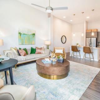 A modern, open-plan living room and kitchen area featuring stylish furniture and decor.