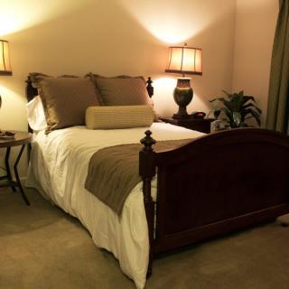 A cozy bedroom with a wooden bed, accent pillows, warm lighting from table lamps, and decorative plants.