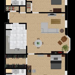 A detailed floor plan of an apartment showing the living room, kitchen, bedroom, and bathroom.