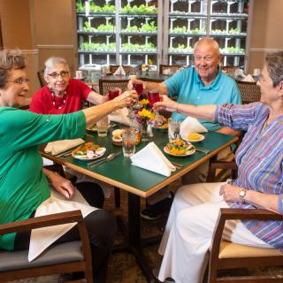 A group of seniors enjoying a meal and toasting at a restaurant.