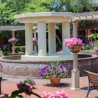 A serene garden featuring a beautiful fountain surrounded by vibrant flowers.