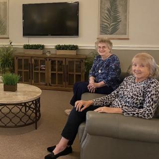 Two elderly women sitting in a comfortably furnished living room.
